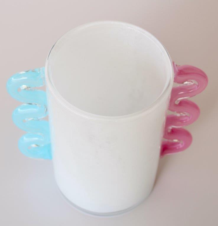 White Frosted Glass Vase Pink, Aqua Blue Handles